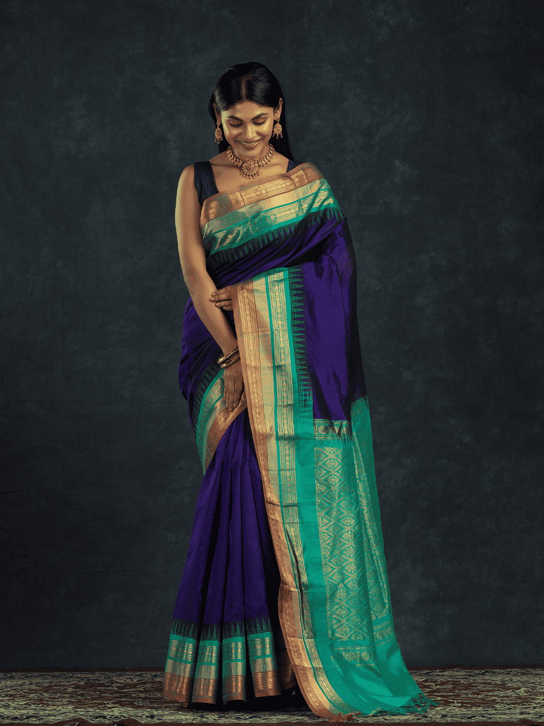Pure Handloom Korvai Silk Cotton Saree in Rich Sapphire Blue and Teal Moss with Golden temple Border - 138