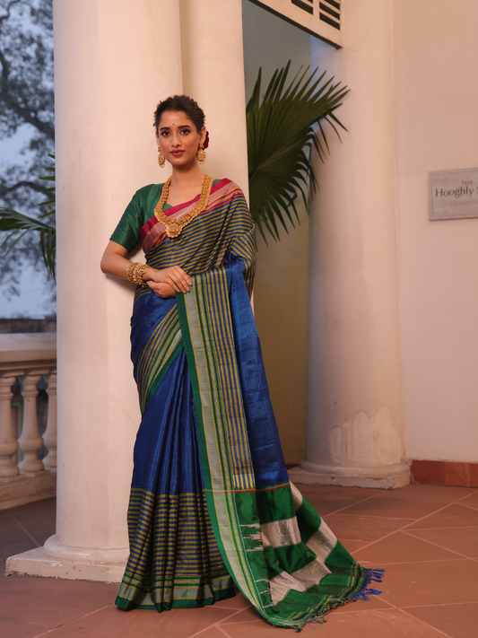 Pure Ilkal Saree in Blue and Green Pallu - 001