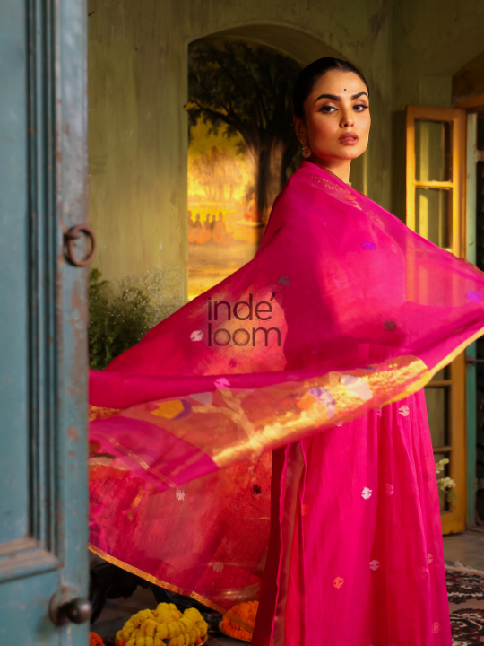 Handwoven Jamdani Cotton Silk Kurti | Magenta Pink
