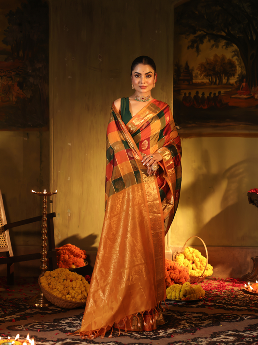 Pure Handloom Korvai Saree | Checks Green, Maroon, Mustard Gold