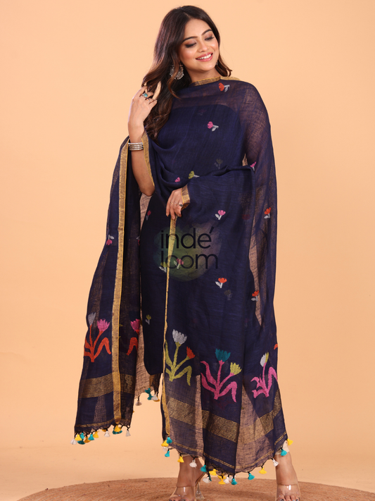 Midnight Blue | Handloom Jamdani Linen Unstitched 2-Piece Kurti