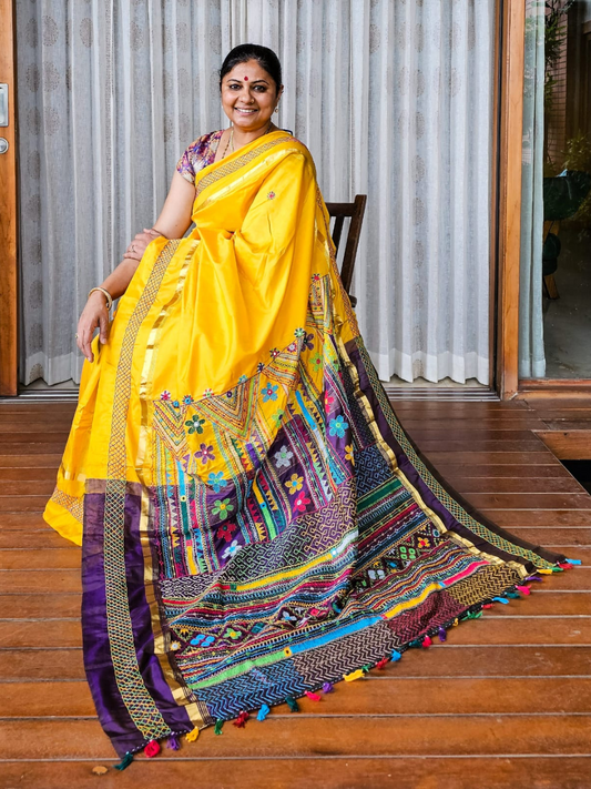 Golden Yellow Ilkal Lambani Hand Embroidery Saree -052