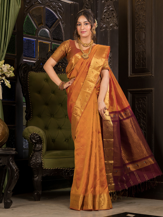 Pure Handloom Korvai Saree | Golden Orange