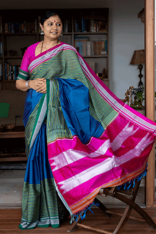 Pure Ilkal Saree in Blue and Green With Pink Pallu - 004