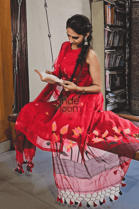 Scarlet Red | Handloom Jamdani Muslin Unstitched 2-Piece Kurti