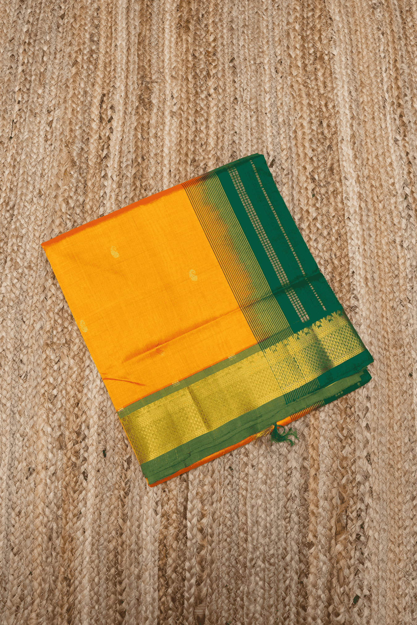 Pure Handloom Korvai Silk Cotton Saree in Sun Yellow Green Border with small buttas - 140