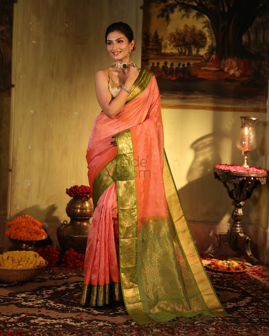 Pure Handloom Korvai Saree | Coral Pink and Leaf Green