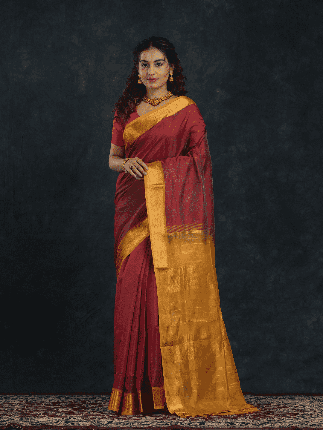 Pure handloom Korvai Silk Cotton Saree in Chilli Red and Golden Yellow Border- 023