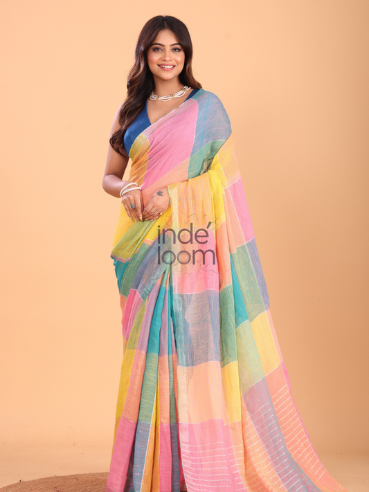 Linen Checks Saree With Pink Yellow Blue - 133