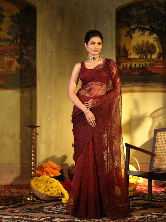 Organza Embroidery Saree With Deep Maroon - 002