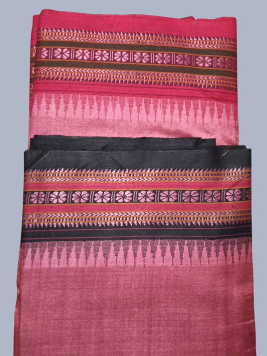 Pink and Black Handloom Vidarbha Tussar Silk Saree with Multicolor Contrast Border -001