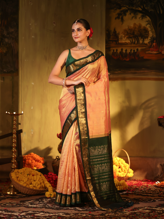 Pure Handloom Korvai Saree | Peach-Pink and Dark Green