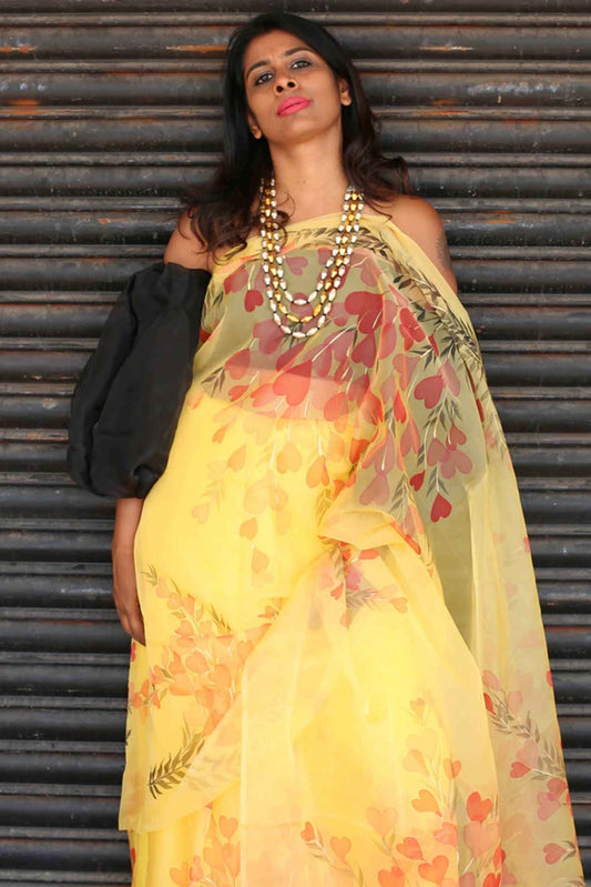Red Floral Garden on Mustard Yellow-Organza Hand-painted Saree-021