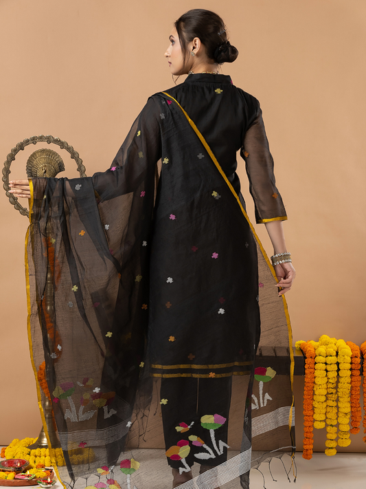 Handwoven Jamdani Muslin Unstitched 2-Piece Kurti | Jet Black