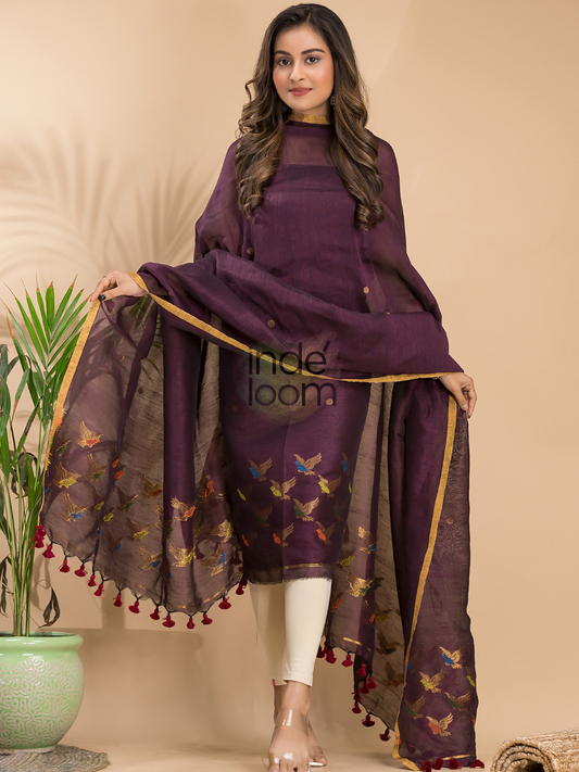 Raisin Plum | Handloom Jamdani Linen Unstitched 2-Piece Kurti