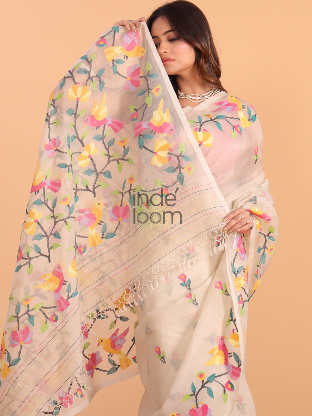 Silk Jamdani Saree With Burgundy Pale Brown - 161