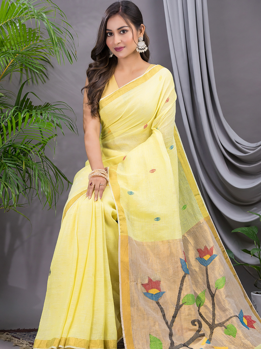 Linen Jamdani Saree With Lemon Yellow - 034