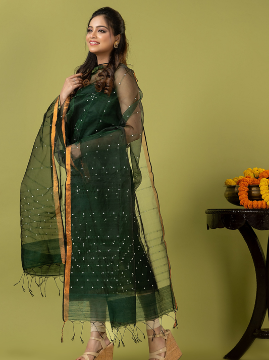 Handwoven Jamdani Muslin Unstitched 2-piece Kurti | Forest Green