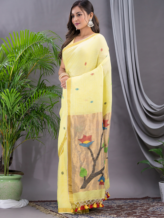 Linen Jamdani Saree With Lemon Yellow - 034