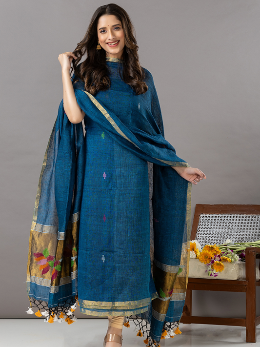 Handwoven Jamdani Linen Unstitched 2-Piece Kurti | Deep Teal Blue