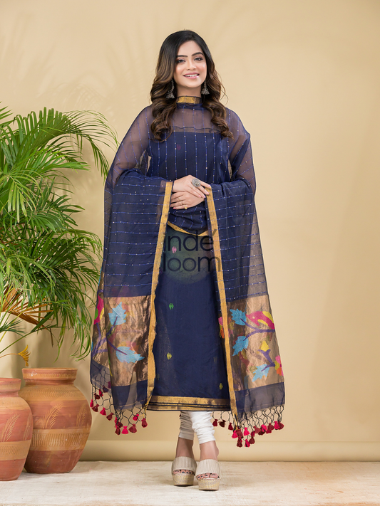 Deep Slate | Handloom Jamdani Muslin Unstitched 2-Piece Kurti | Paithani Design