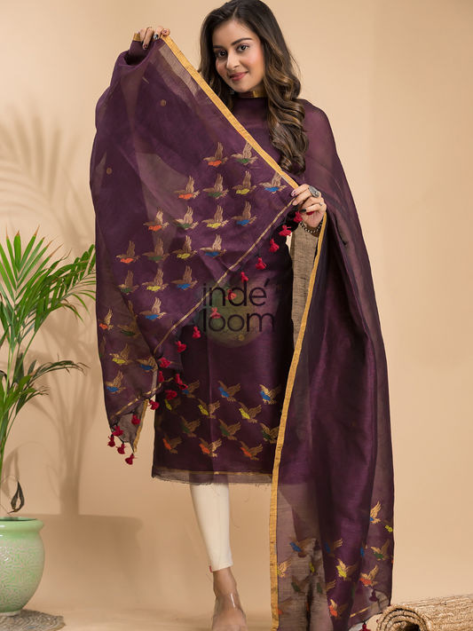 Raisin Plum | Handloom Jamdani Linen Unstitched 2-Piece Kurti