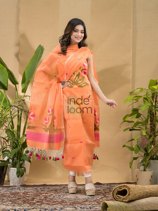 Flame Coral | Handloom Jamdani Muslin Unstitched 2-Piece Kurti | Classic Design