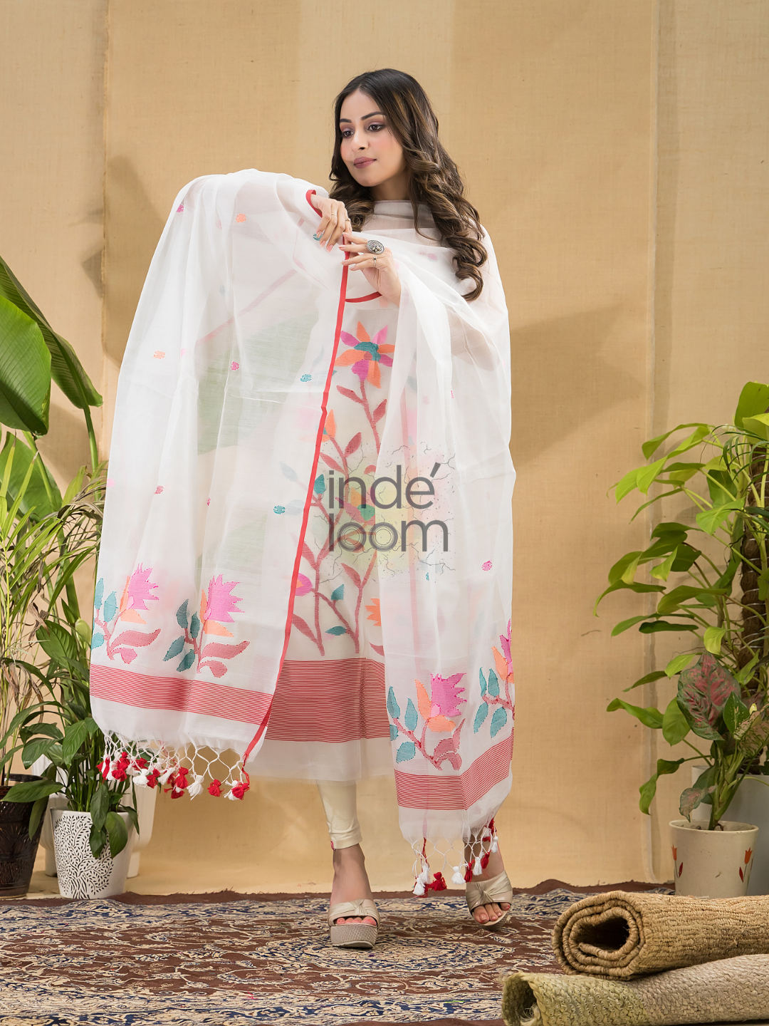 Snow White Jamdani 2-Piece Set Kurti & Dupatta (UNSTITCHED) -744