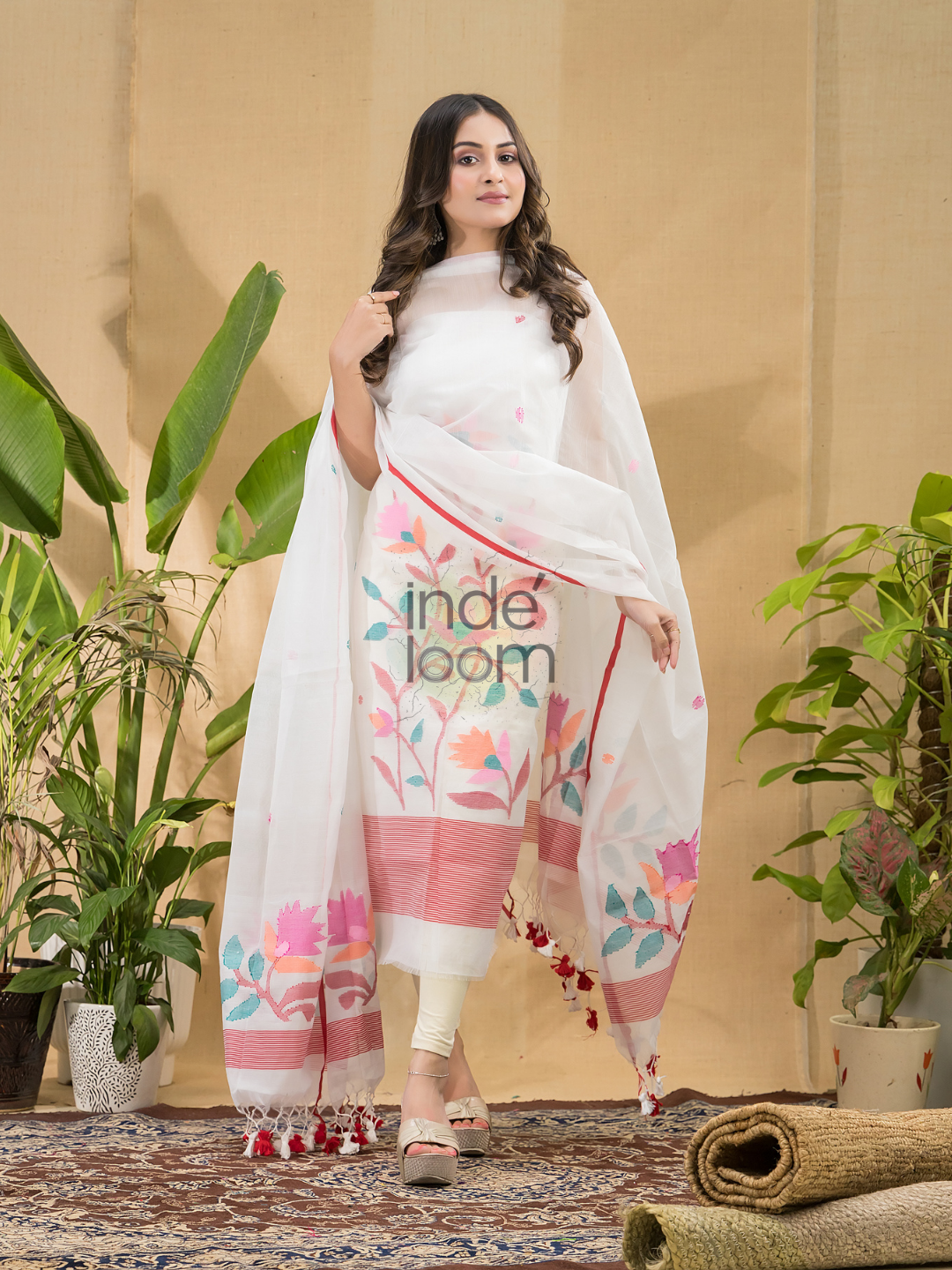 Snow White Jamdani 2-Piece Set Kurti & Dupatta (UNSTITCHED) -744