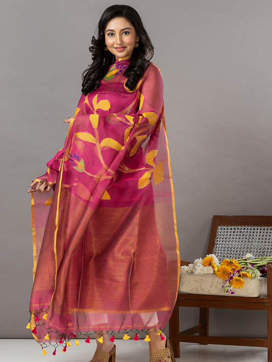 Handwoven Jamdani Muslin Unstitched 2-Piece Kurti | Magenta Pink