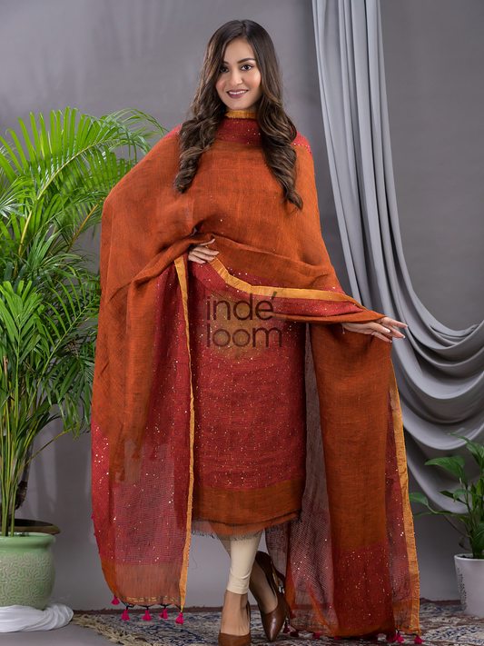 Brick Orange | Handloom Jamdani Linen Unstitched 2-Piece Kurti