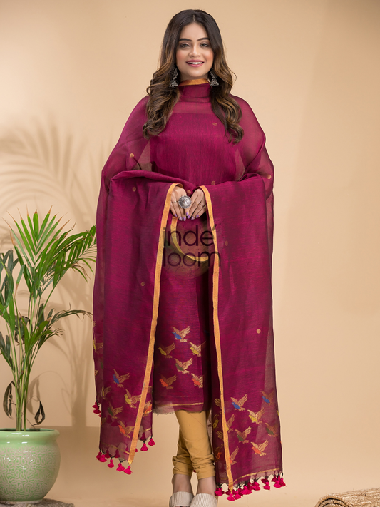 Handwoven Jamdani Cotton Linen Unstitched 2-piece Kurti | Berry Pink