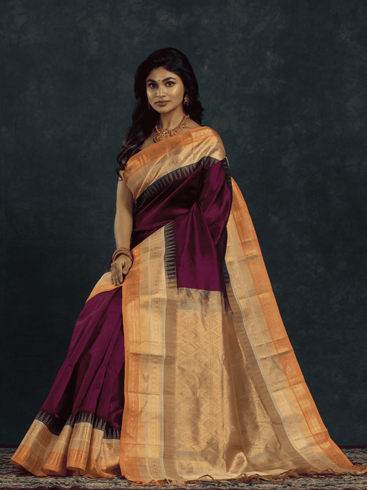 Pure Handloom Korvai Saree | Deep Purple With Beige & Orange | Temple border