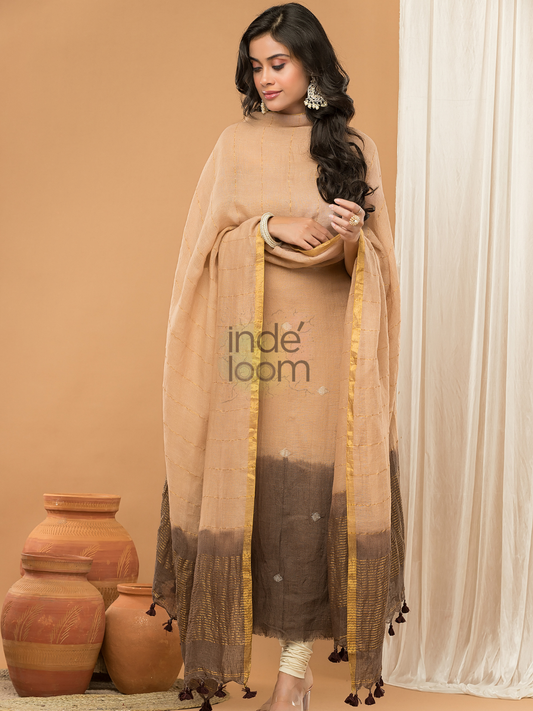 Honey Beige | Handloom Jamdani Linen Unstitched 2-Piece Kurti | Ombre Design