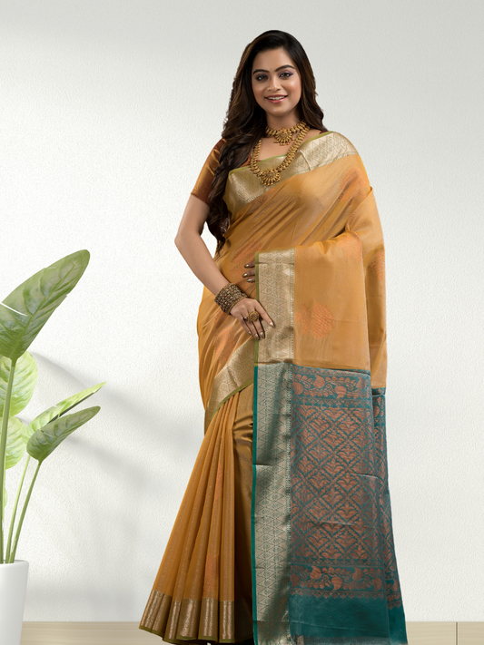 Flax Yellow Cotton Silk Saree - 007