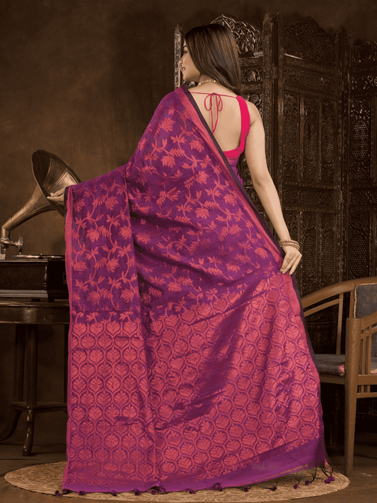 Hot Pink Jamdani Saree - 007 - indeloom
