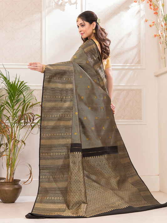 Hemapatra - Golden khaki green saree with vine motifs and Zari
