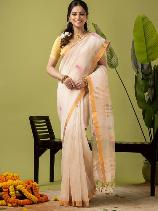 Pure Jamdani Linen Saree | Cream White and White | Half and Half style with Contrast Border
