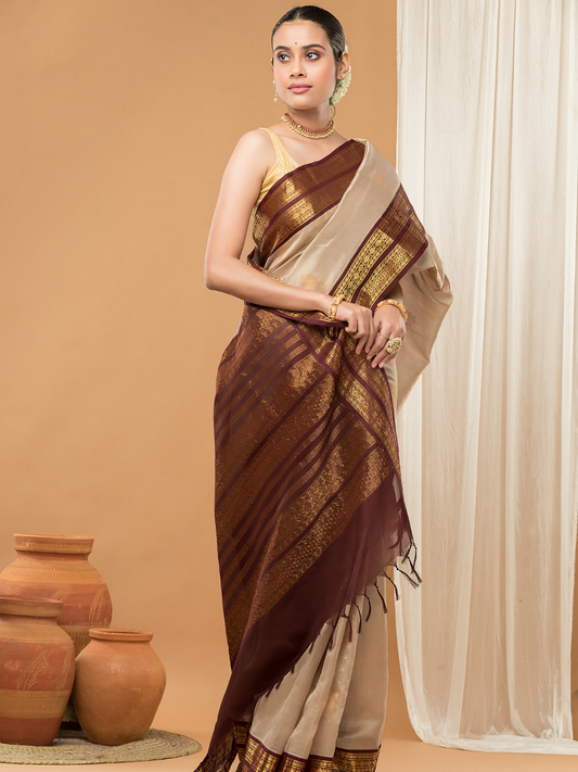 Pure Handloom Korvai Saree | Light Gold and Golden Dark Brown