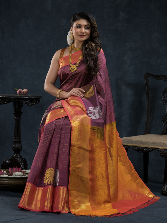 Pure Handloom Korvai Saree | Golden and Blood Red