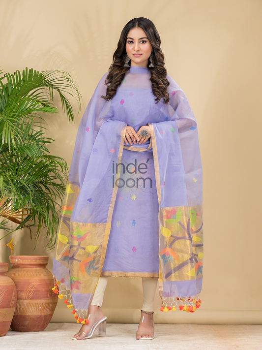 Periwinkle Blue | Handloom Jamdani Muslin Unstitched 2-Piece Kurti | Paithani Design