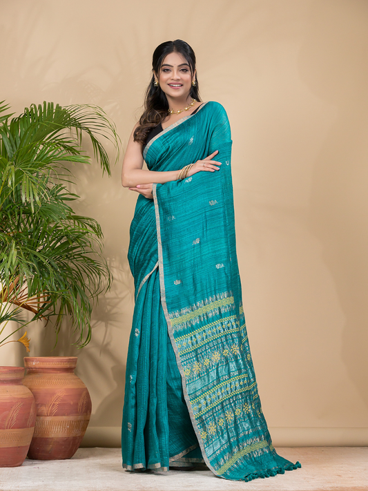 Matka Silk Jamdani Saree With Teal Green - 018