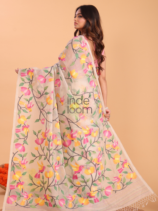 Muslin Jamdani Floral Birds Saree With Burgundy Desert Brown - 163