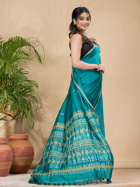 Matka Silk Jamdani Saree With Teal Green - 018