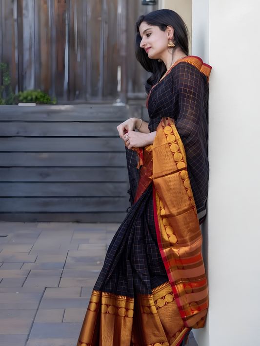 Handloom Narayanpet Cotton Saree | Coal Black