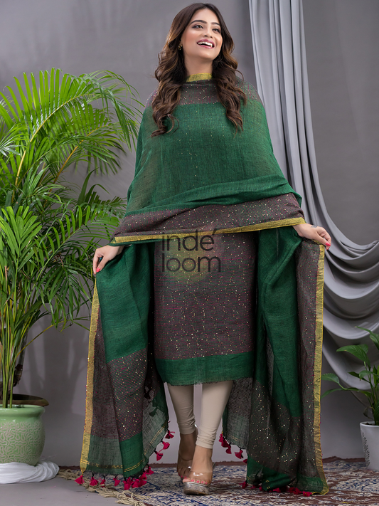 Hunter Green | Handloom Jamdani Linen Unstitched 2-Piece Kurti