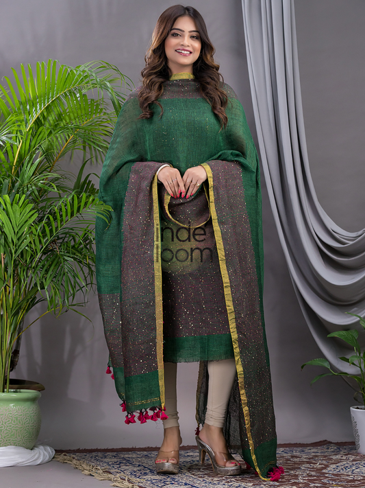 Hunter Green | Handloom Jamdani Linen Unstitched 2-Piece Kurti