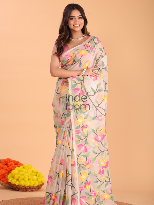 Muslin Jamdani Floral Birds Saree With Burgundy Desert Brown - 163