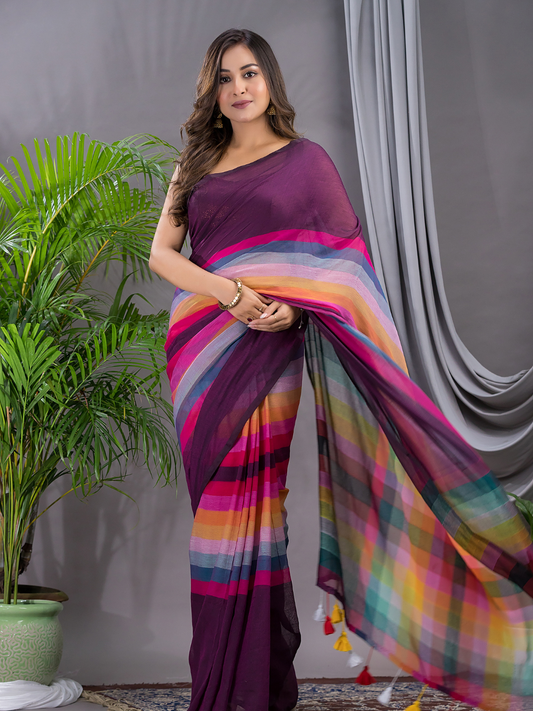 Handloom Khadi Cotton Saree With Wine Purple - 006