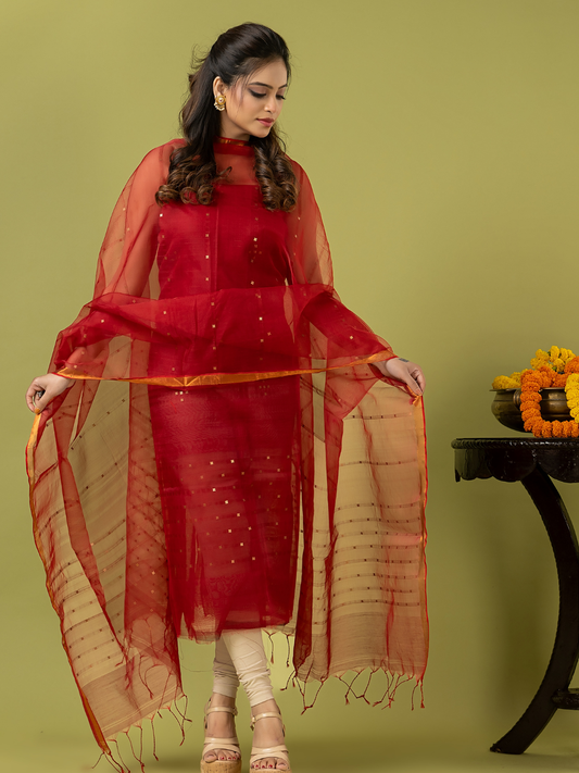 Handwoven Jamdani Muslin Unstitched 2-piece Kurti | Scarlet Red